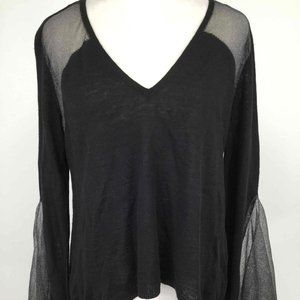 Sass & Bide Black Metallic V-Neck Festive Sheer Blouse Top Bell Sleeves XXS